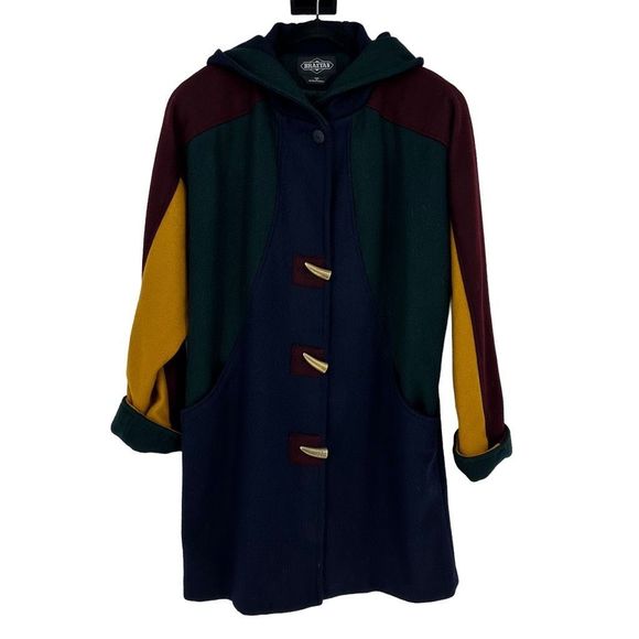 Vintage Braetan Multi Colour Duffel Coat Wool Hoodie Jacket S Preppy Academia - Picture 2 of 13